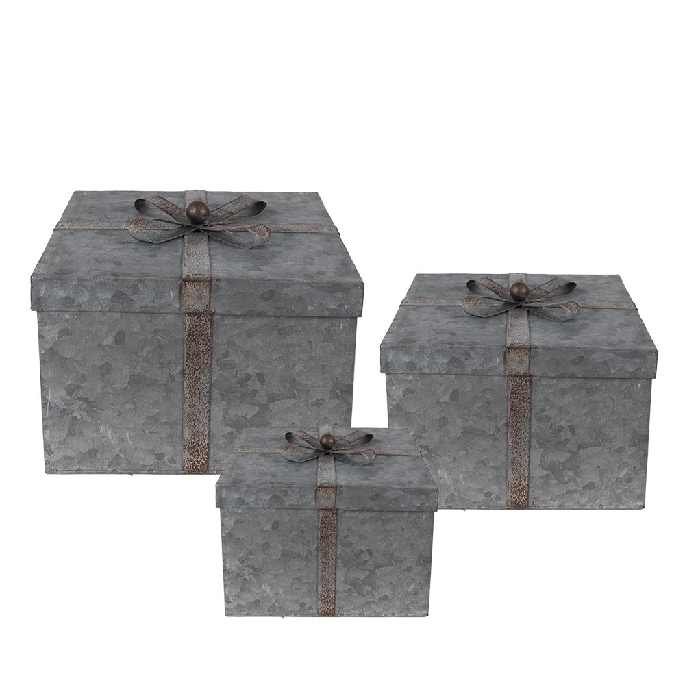 Zinkové antik úložné boxy s víky a mašlemi - 24*24*18 / 20*20*15 / 16*16*12 cm