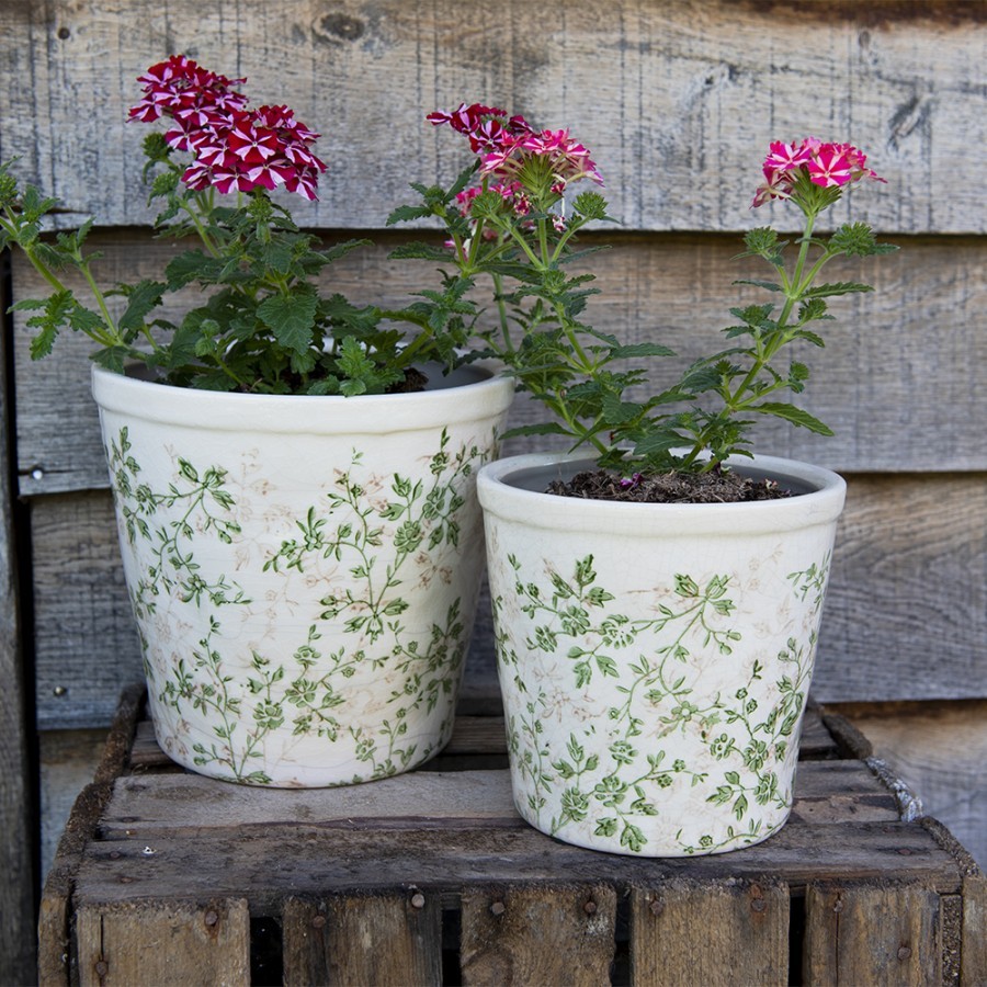 Keramický obal na květináč se zelenými květy Ganni green M - Ø14*13 cm