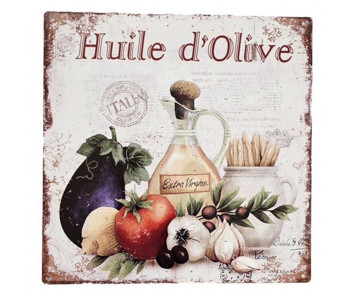 Nástěnná kovová cedule se zavařeninami Huile d´Olive - 30*30 cm