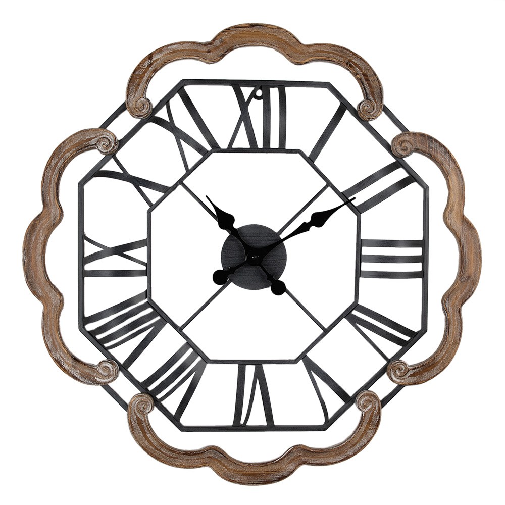 Kovové nástěnné hodiny s dřevěným okrajem ve tvaru květu - Ø 70*5 cm / 1*AA Clayre & Eef