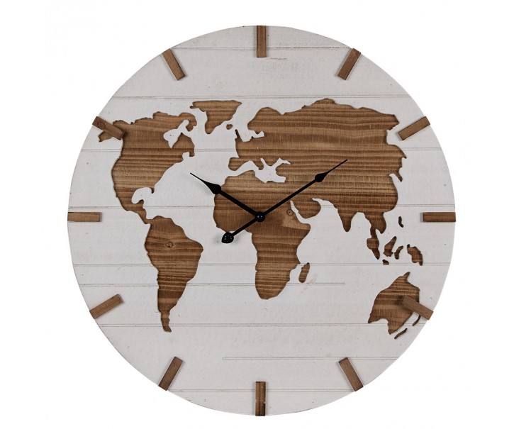 Hnědo-béžové antik nástěnné hodiny s mapou World - Ø 60*4 cm / 1*AA