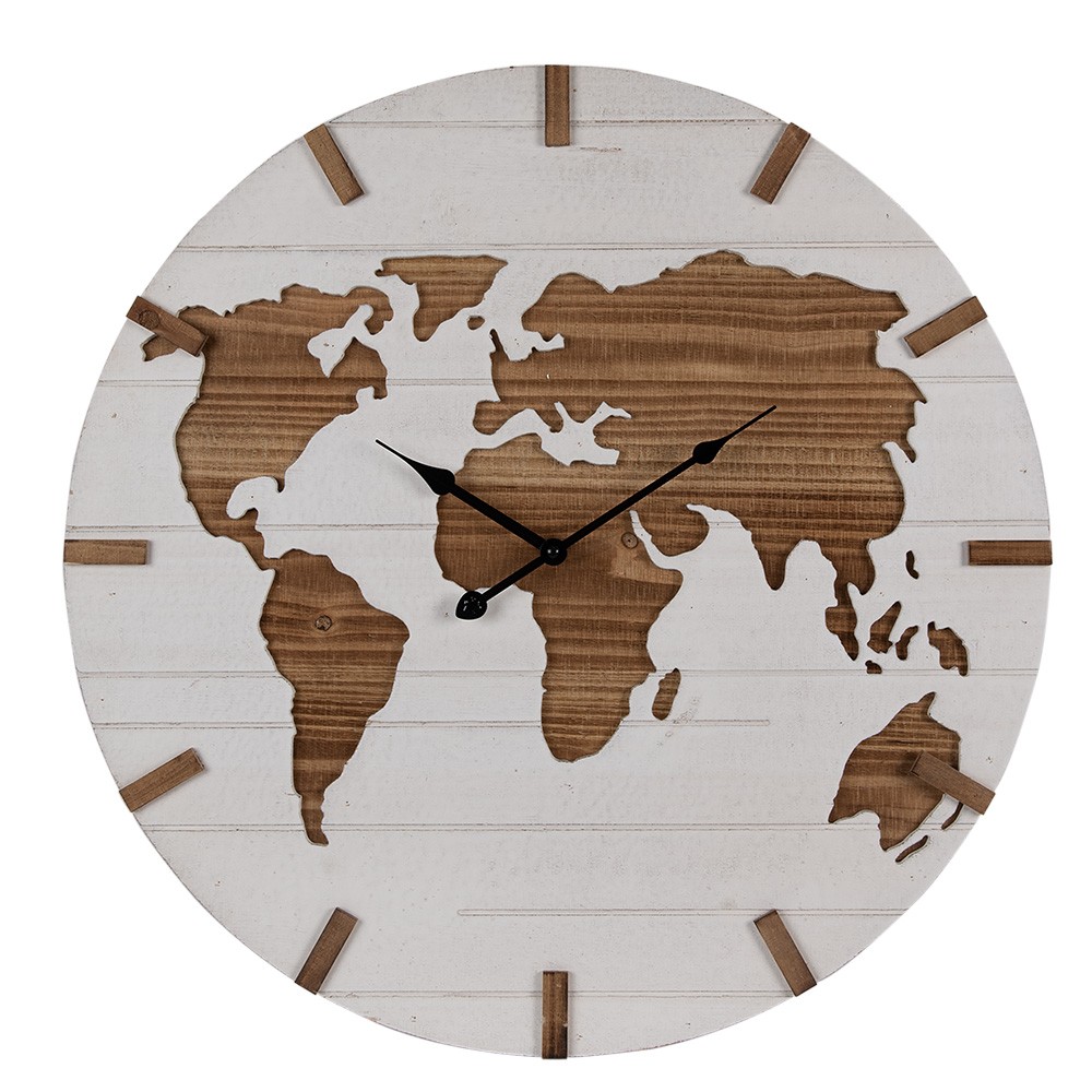 Hnědo-béžové antik nástěnné hodiny s mapou World - Ø 60*4 cm / 1*AA 5KL0230