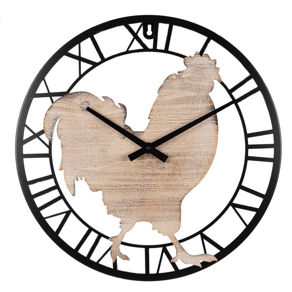 Kovové nástěnné hodiny s dřevěným kohoutem - Ø 50*4 cm / 1*AA Clayre & Eef