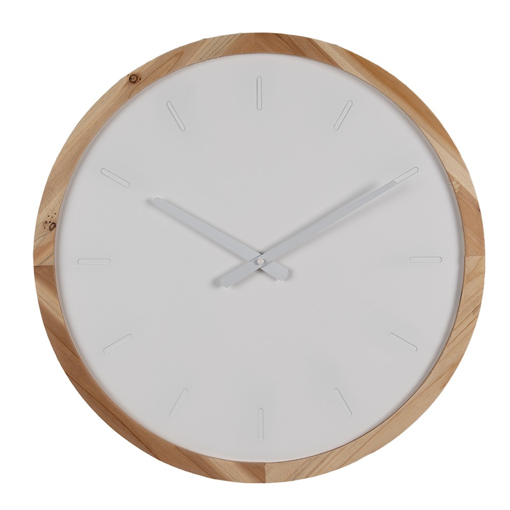 Bílo-hnědé dřevěné minimalistické nástěnné hodiny - Ø 50*4 cm / 1*AA