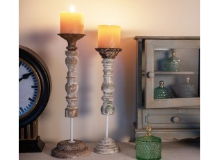 Béžový antik dřevěno-kovový svícen Nicolle - Ø 12*44 cm