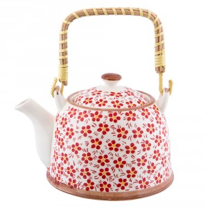 Porcelánová konvička se sítkem červená kvítka - Ø 14*14 cm / 0,7L