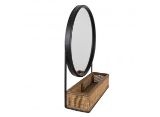 Černo-hnědé nástěnné zrcadlo s přihrádkou s výpletem - 40*12*51 cm