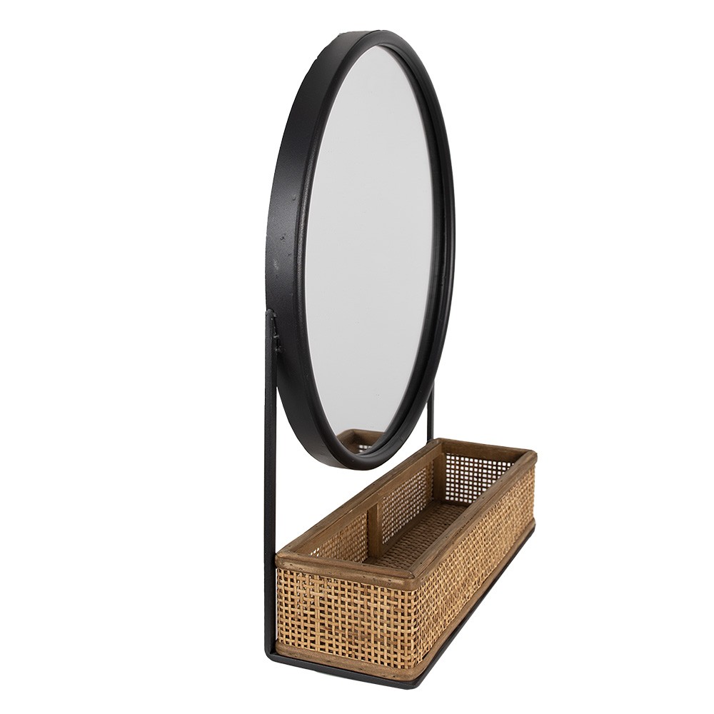 Černo-hnědé nástěnné zrcadlo s přihrádkou s výpletem - 40*12*51 cm