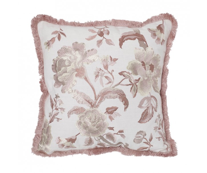 Bílo - růžový polštář s vyšívanými květy a třásněmi Bloom - 50*50 cm