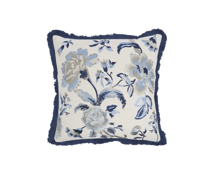 Bílo - modrý polštář s vyšívanými květy a třásněmi Bloom - 50*50 cm