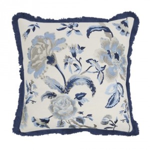Bílo - modrý polštář s vyšívanými květy a třásněmi Bloom - 50*50 cm