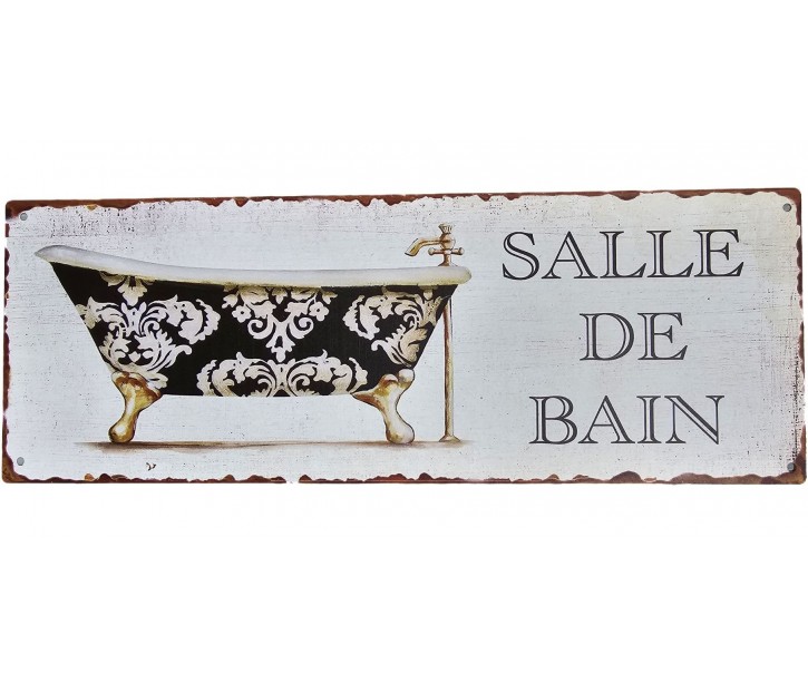 Bílá antik nástěnná kovová ceduleSalle de Bain - 36*13cm