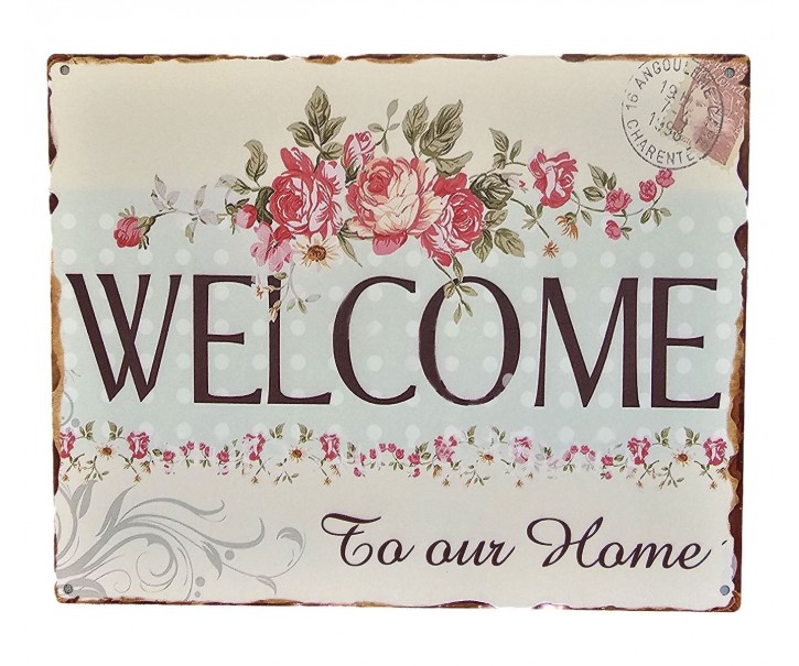 Nástěnná kovová cedule s růžemi Welcome - 25*20cm