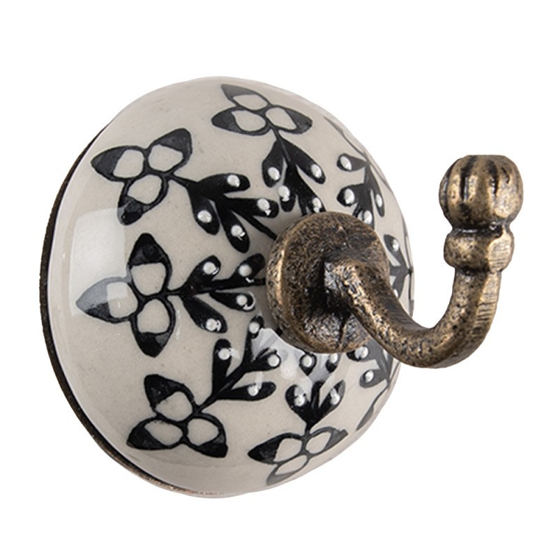 Bronzový antik nástěnný háček s porcelánovou knopkou - Ø 6 * 7 cm Clayre & Eef
