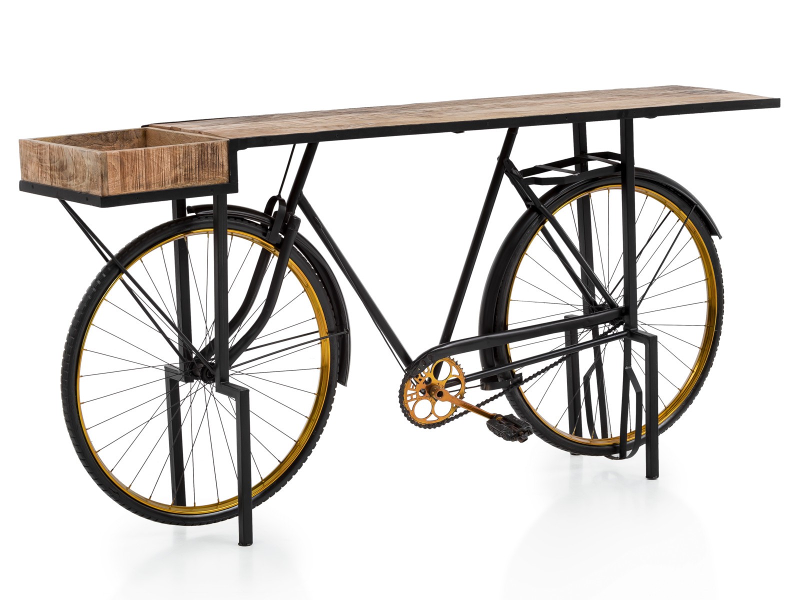 Levně Černý kovový konzolový stolek kolo s dřevěnou deskou Bike - 185*45*90cm A00000663