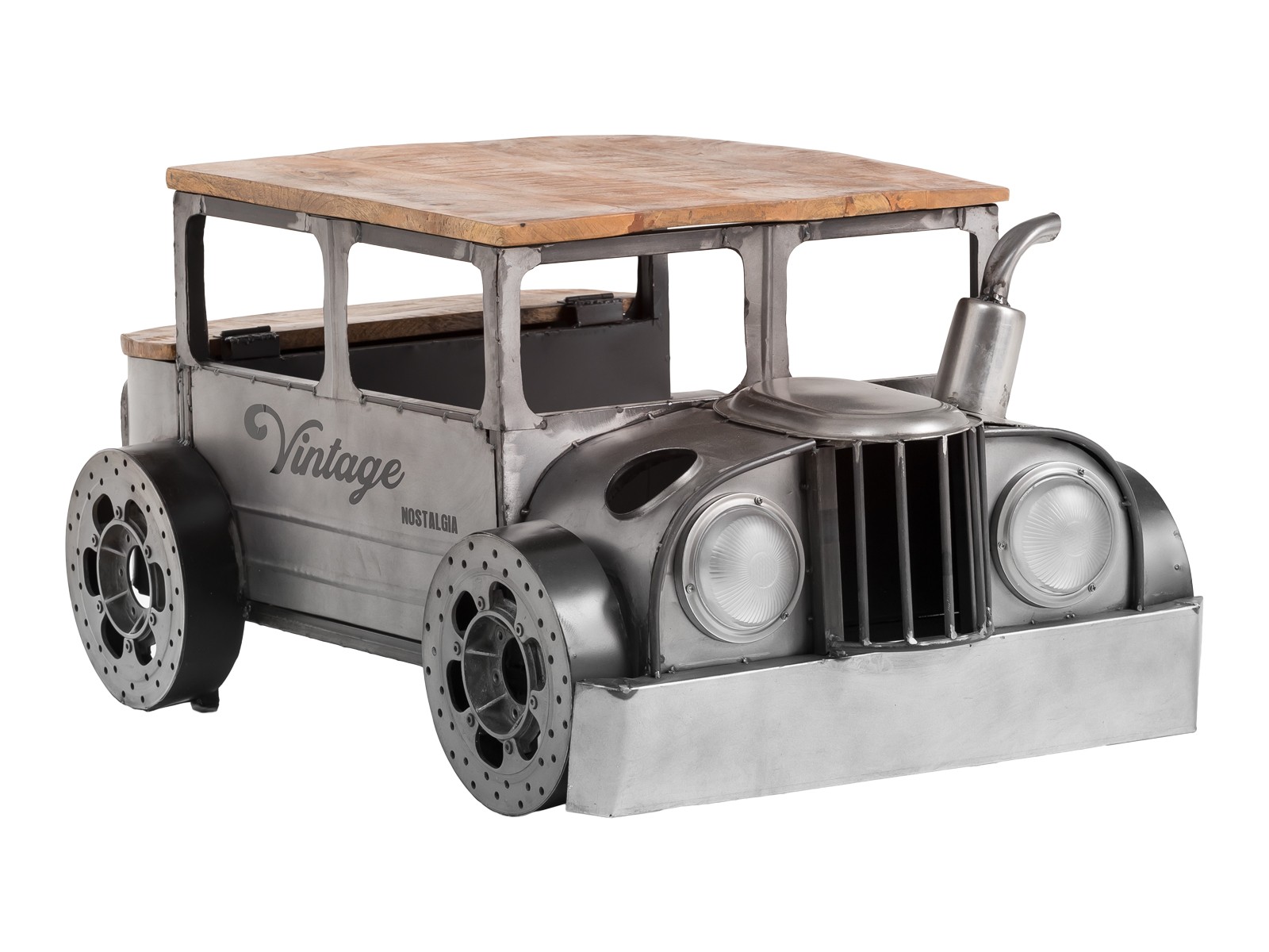 Šedý kovový konferenční stolek s dřevěnou deskou auto Vintage - 102*65*48cm A00001164
