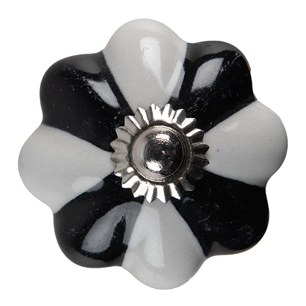 Černo-bílá keramická úchytka knopka ve tvaru květiny - Ø 4*4 cm Clayre & Eef