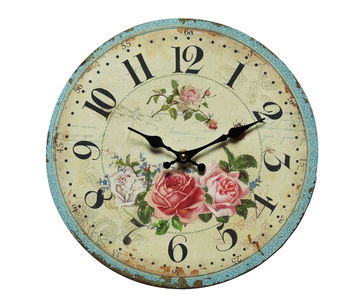 Béžové antik nástěnné hodiny s růžemi Rose – Ø 28*3cm/ 1*AA