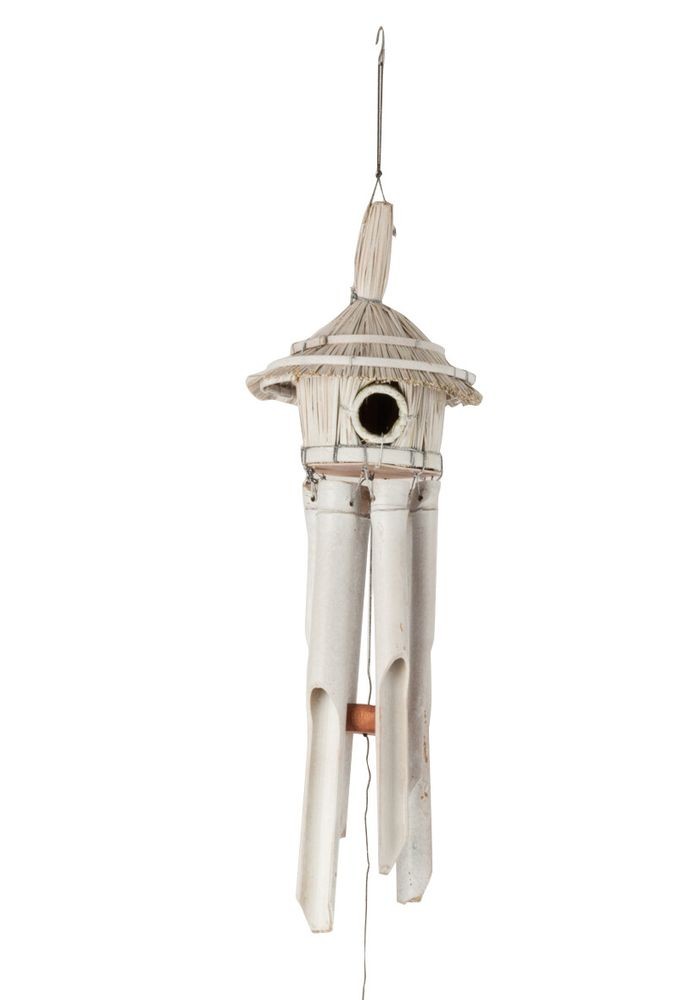 Přírodně - bílá bambusová zvonkohra s ptačí budkou - 16*16*130cm