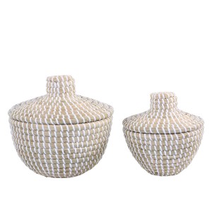 2ks přírodní košík z mořské trávy s víkem Billo - Ø 20*18 / Ø 15*16cm