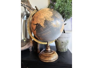 Černo-hnědý dekorativní glóbus na dřevěném podstavci Globe- 22*22*37 cm