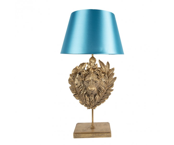 Zlatá stolní lampa s lvicí a s modrým stínidlem - Ø 35*66 cm E27/max 1*60W