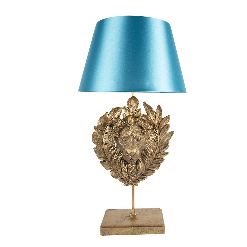 Zlatá stolní lampa s lvicí a s modrým stínidlem - Ø 35*66 cm E27/max 1*60W Clayre & Eef