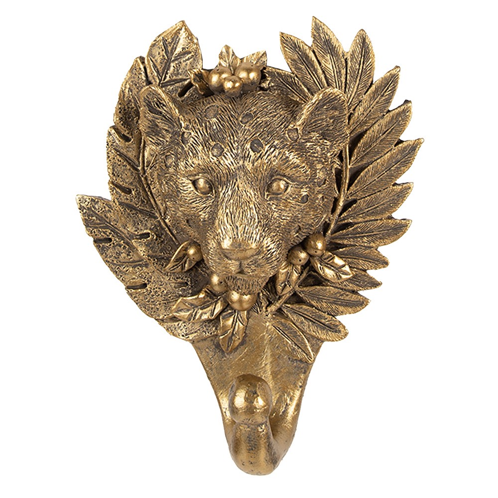 Zlatý antik nástěnný dekorativní háček hlava Levhart - 14*5*17 cm Clayre & Eef