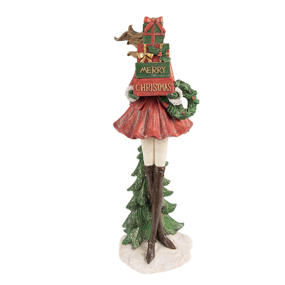 Červená dekorace socha dívka s věnečkem a dárky Merry Christmas - 15*14*43 cm 6PR3940