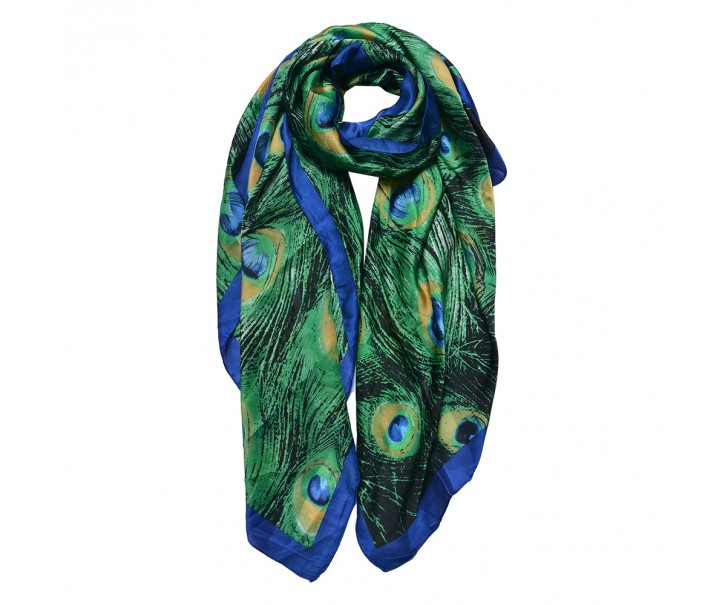 Modro-zelený dámský šátek s pavími pery - 90*180 cm