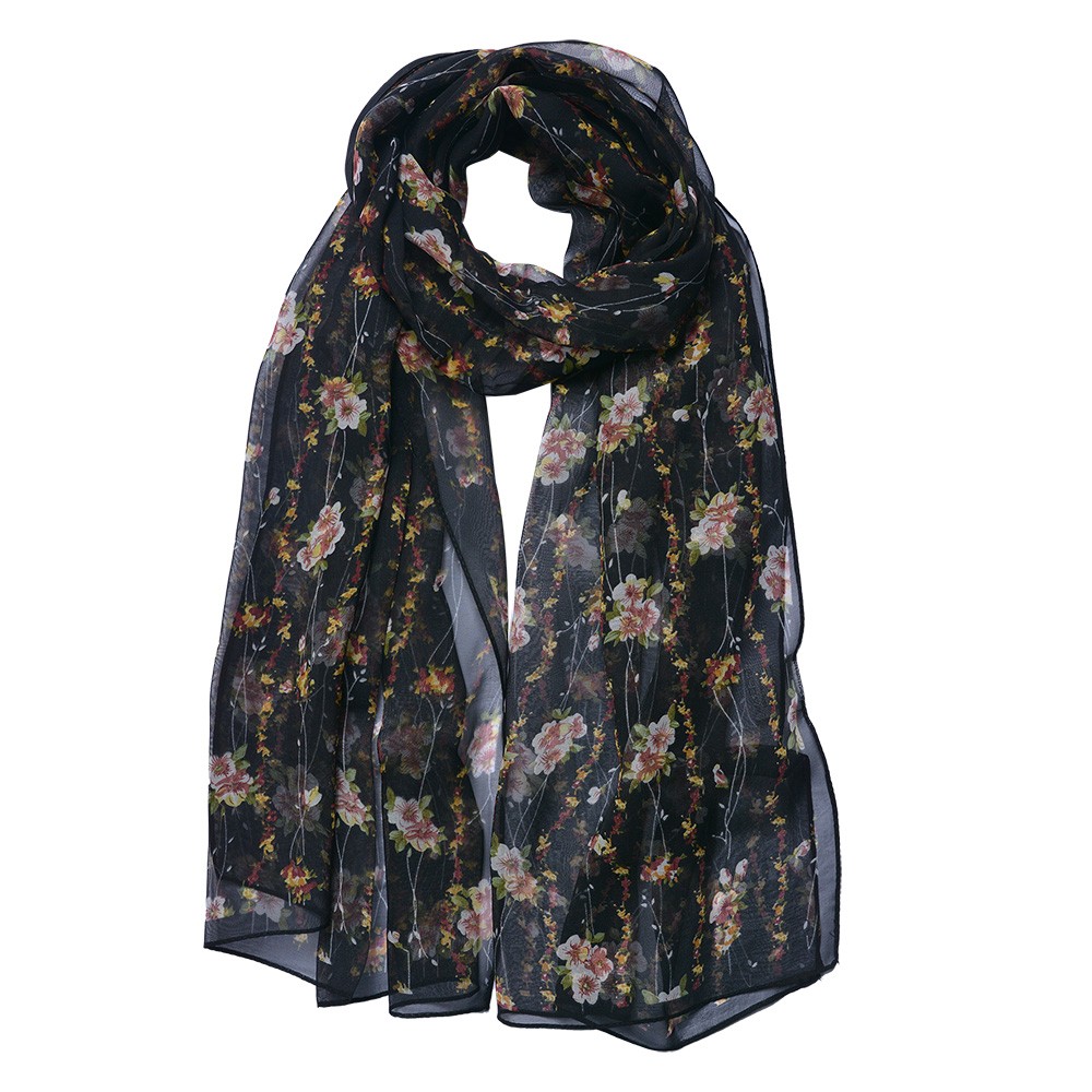 Levně Černý dámský šátek s květy Women Print - 50*160 cm JZSC0713Z