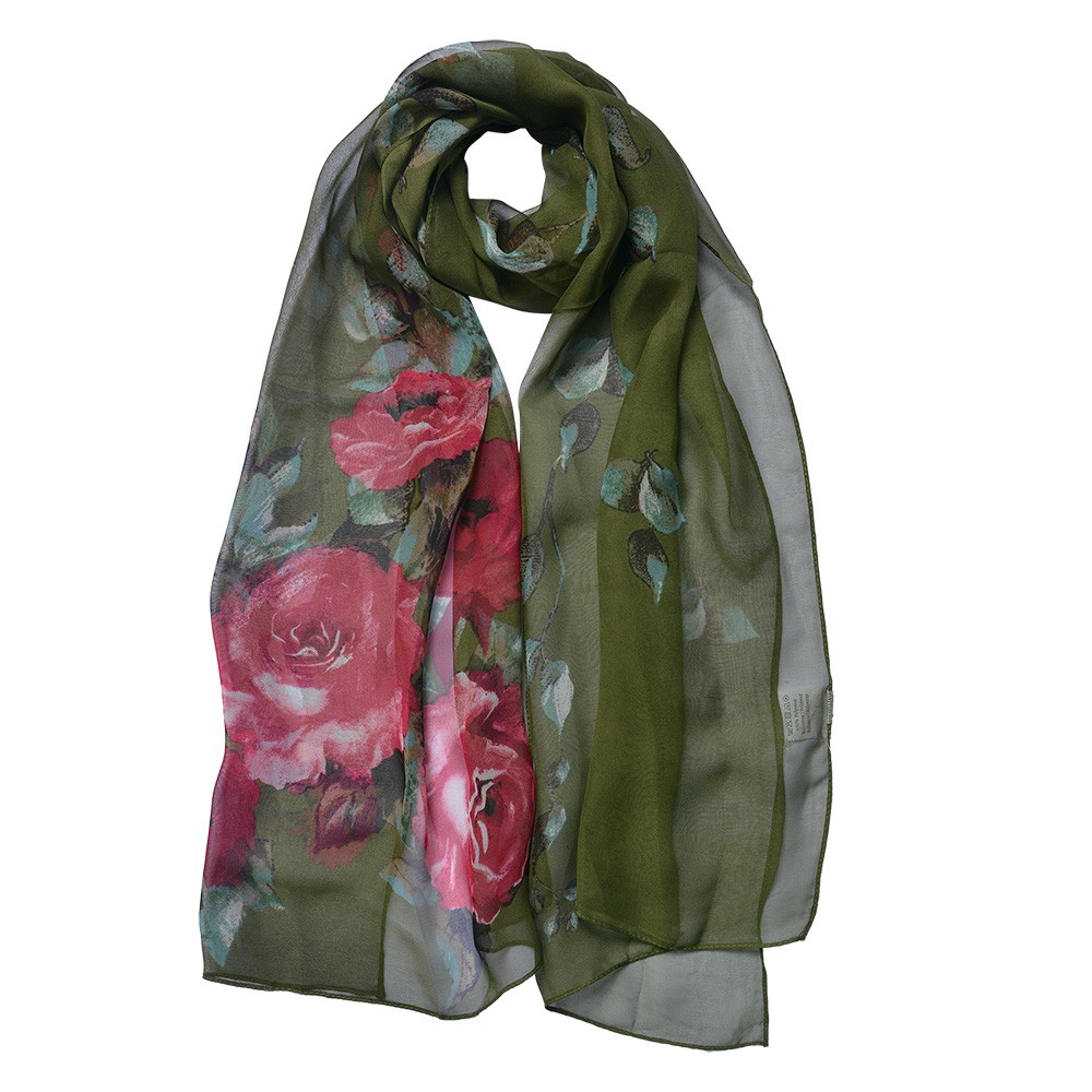 Zelený dámský šátek s růžemi Women Print - 50*160 cm Clayre & Eef