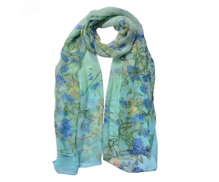 Zelený dámský šátek s modrými květy - 50*160 cm