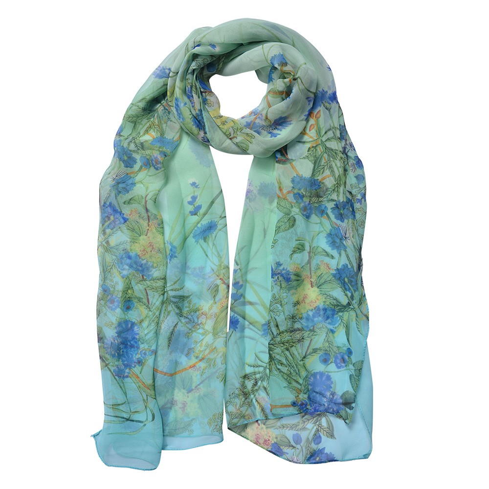 Zelený dámský šátek s modrými květy - 50*160 cm Clayre & Eef