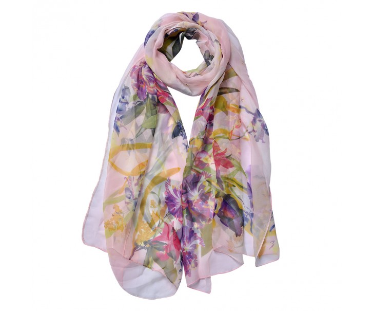 Růžový dámský šátek s potiskem květin - 50*160 cm