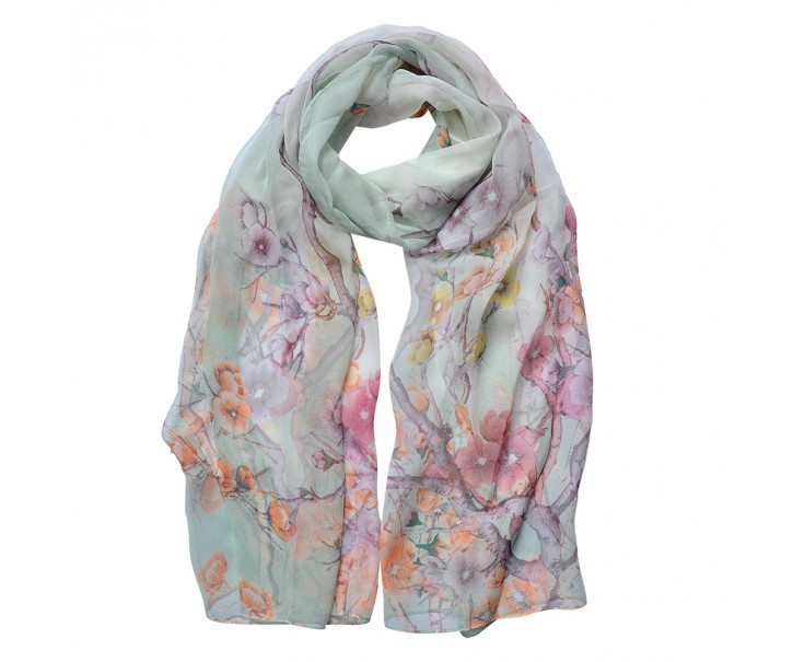 Pastelově zelený dámský šátek s jemnými květy - 50*160 cm
