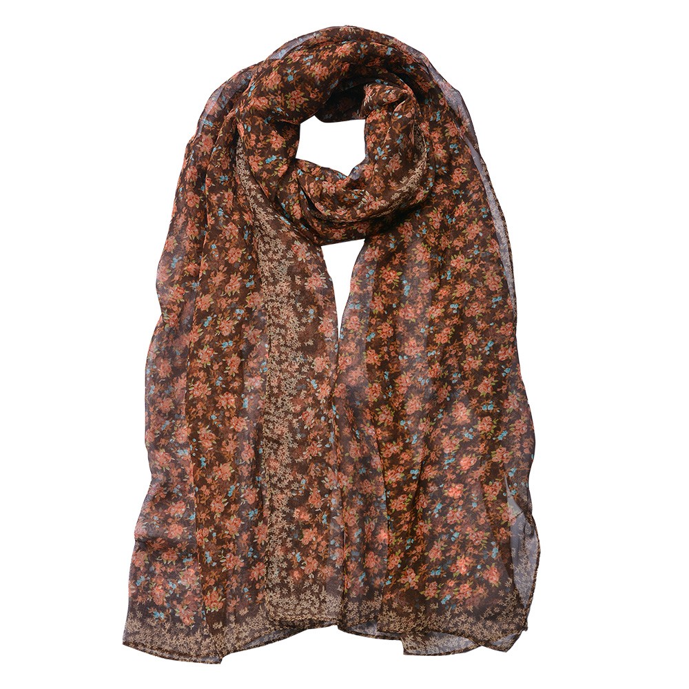 Hnědý dámský šátek s jemnými květy - 50*160 cm Clayre & Eef