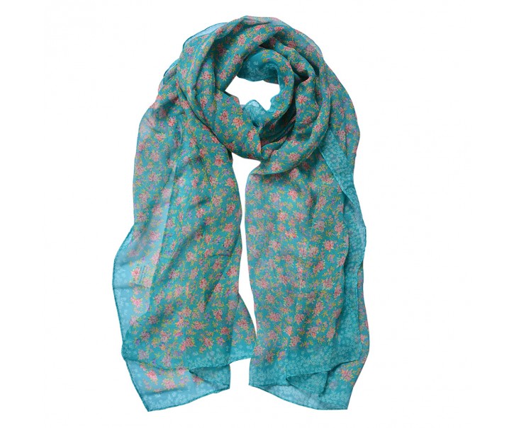 Tyrkysový dámský šátek s jemnými květy růží - 50*160 cm