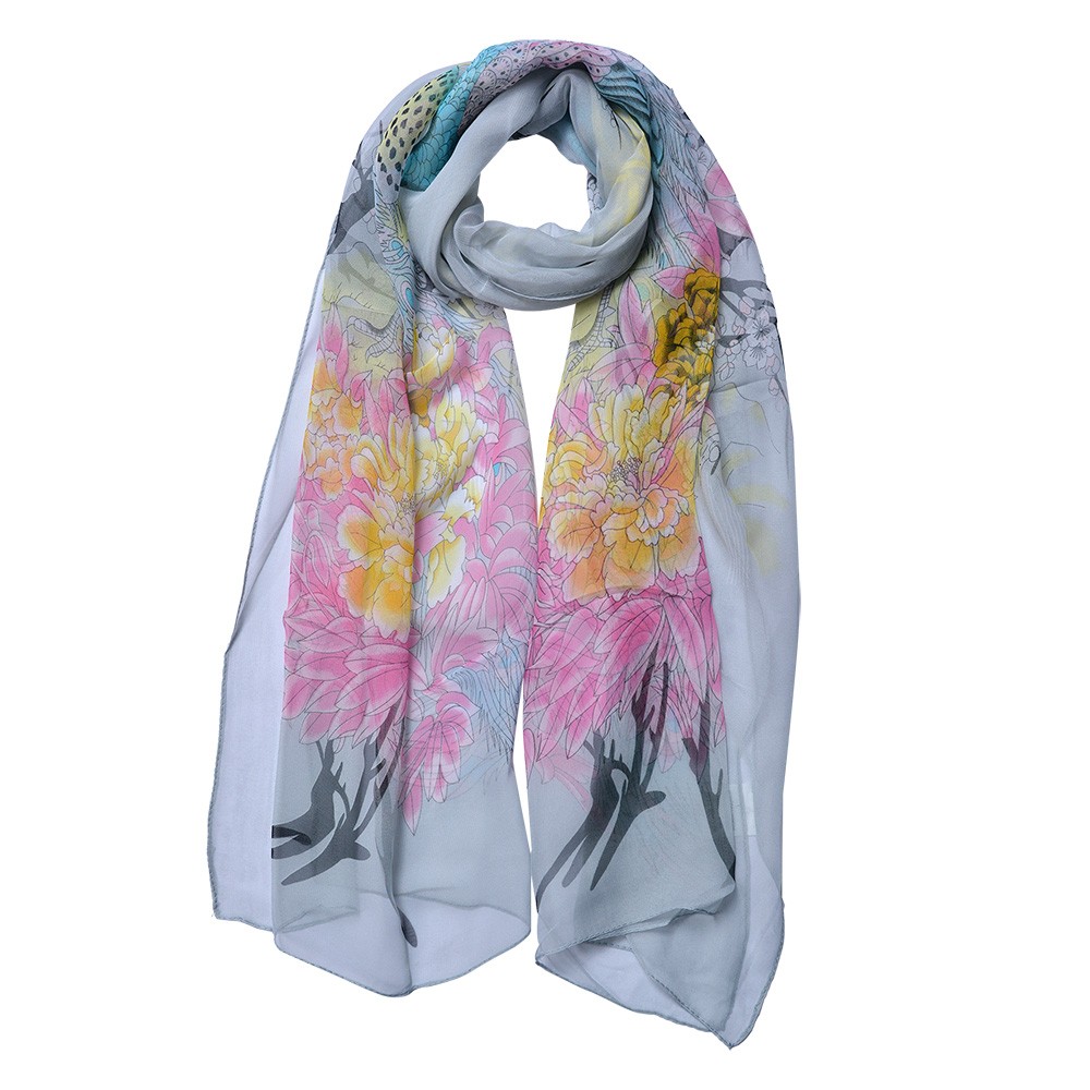 Šedý dámský šátek/ šál s barevnými květy - 50*160 cm Clayre & Eef