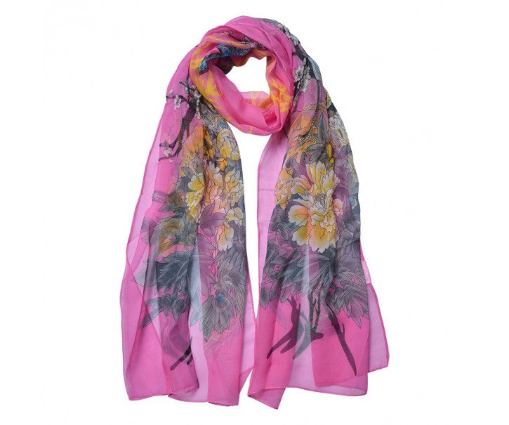 Růžový dámský šátek/ šál s barevnými květy - 50*160 cm