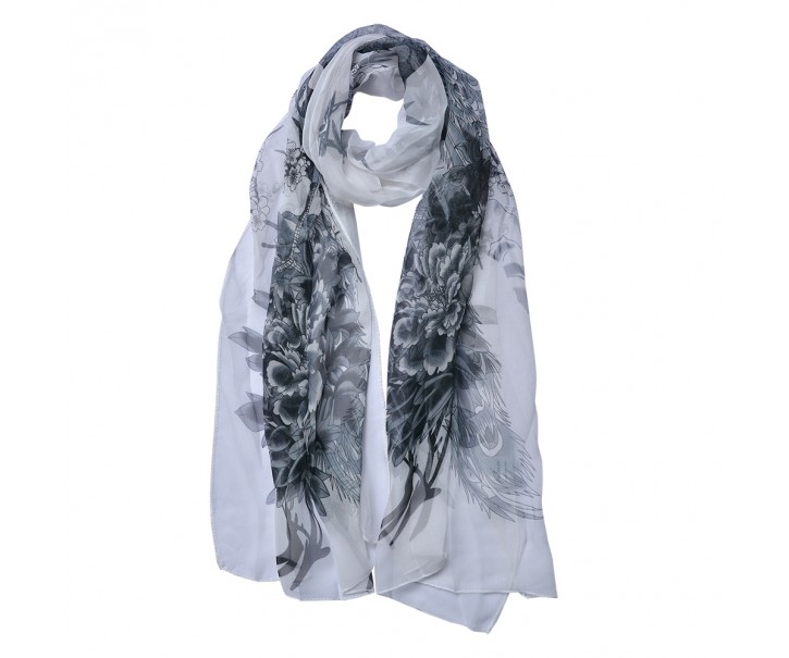 Bílý dámský šátek/ šál se šedými květy - 50*160 cm
