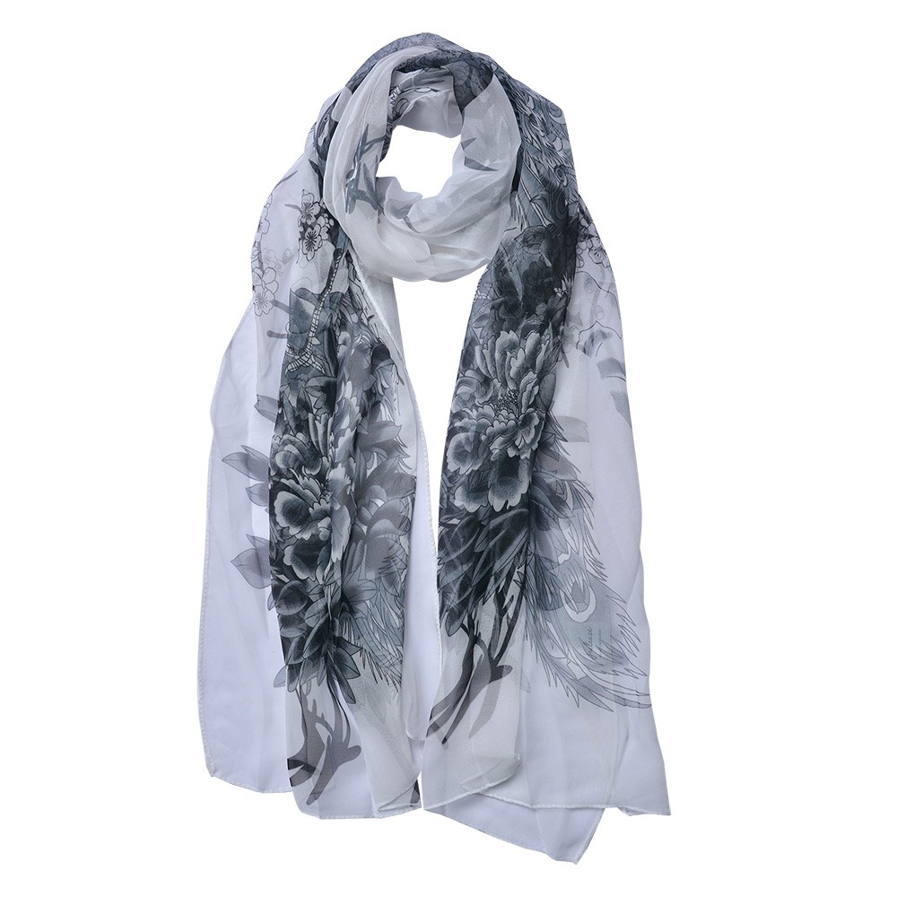 Bílý dámský šátek/ šál se šedými květy - 50*160 cm JZSC0724W