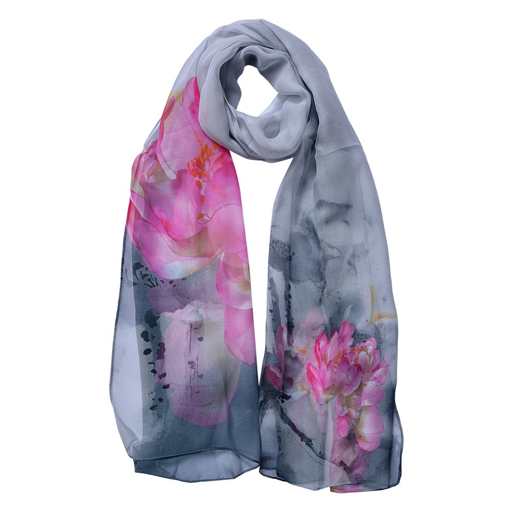 Šedý dámský šátek s potiskem květů Women Print Grey - 50*160 cm Clayre & Eef