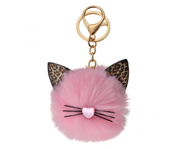 Přívěsek na klíče/ kabelku růžová chlupatá koule kočička - Ø 7*12cm