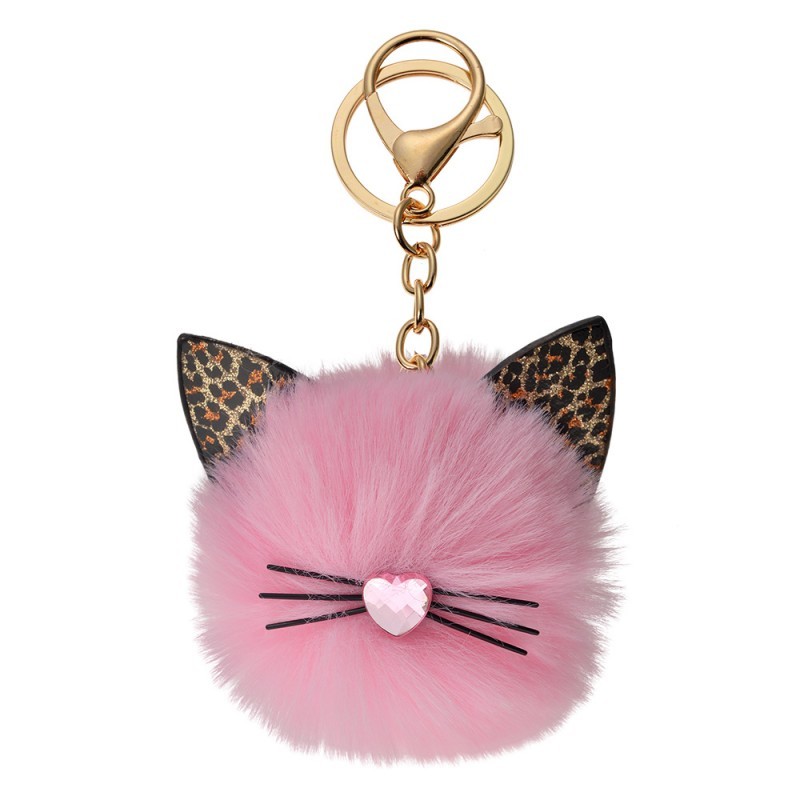 Přívěsek na klíče/ kabelku růžová chlupatá koule kočička - Ø 7*12cm Juleeze