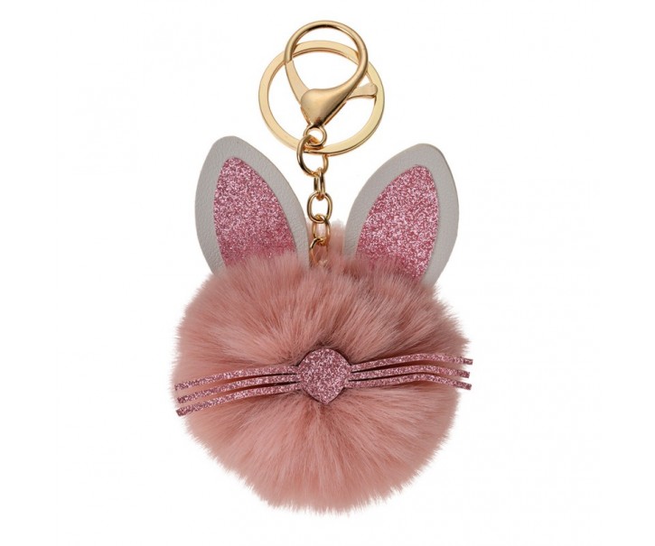 Přívěsek na klíče/ kabelku růžová chlupatá koule králíček - Ø 7*12cm