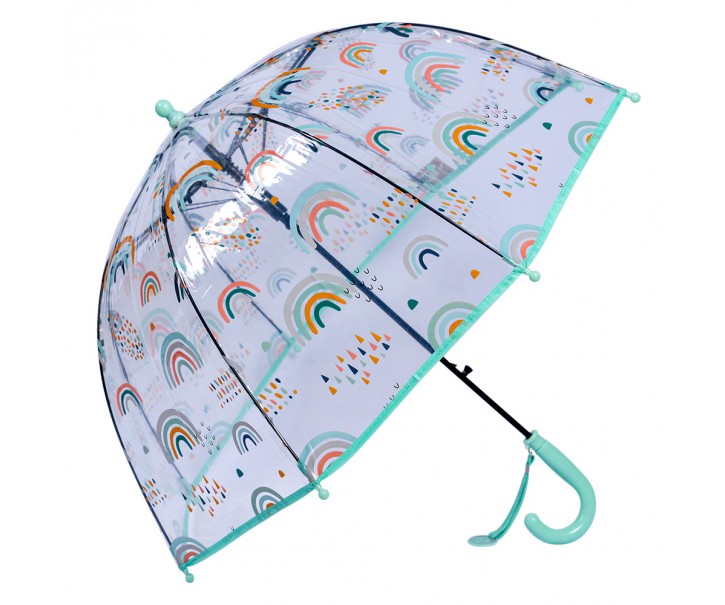 Průhledný dětský deštník s duhami a zelenou rukojetí a okrajem - Ø 50 cm