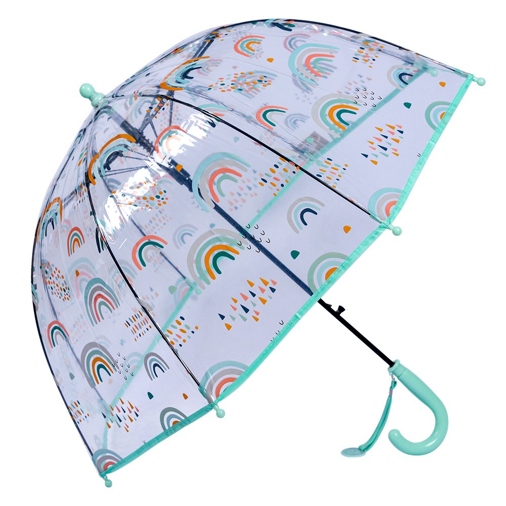 Průhledný dětský deštník s duhami a zelenou rukojetí a okrajem - Ø 50 cm Juleeze