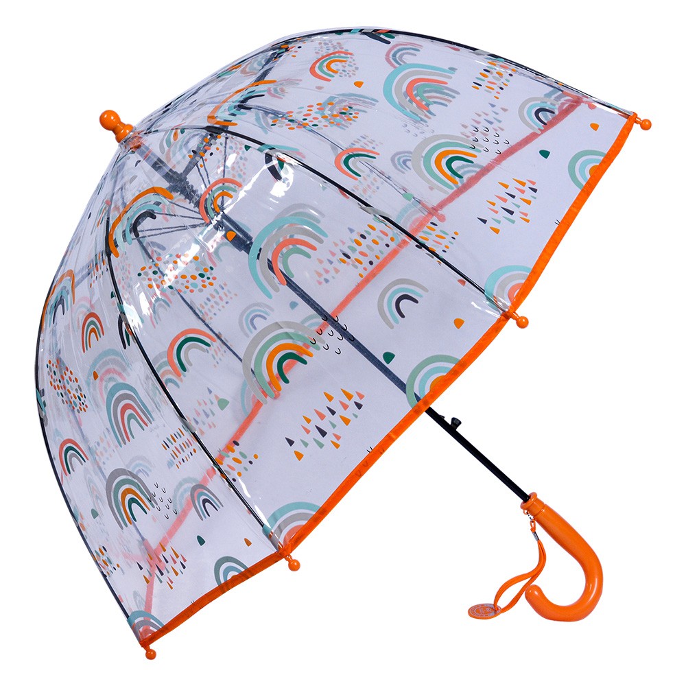 Průhledný dětský deštník s duhami a oranžovou rukojetí a okrajem - Ø 50 cm