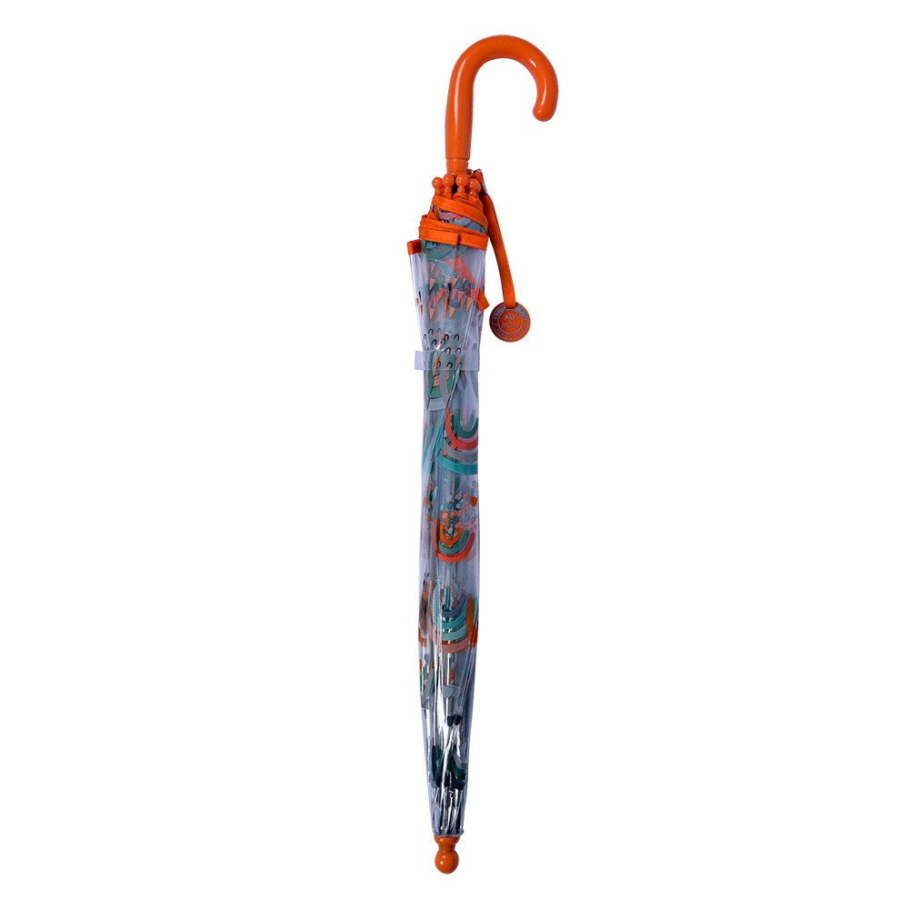Průhledný dětský deštník s duhami a oranžovou rukojetí a okrajem - Ø 50 cm